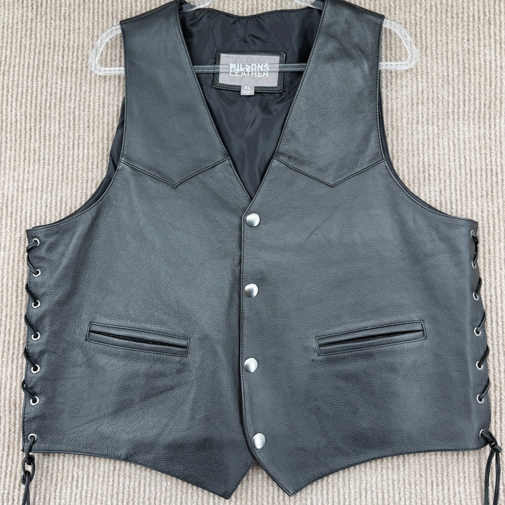 Wilsons Leather Vest Mens XL Black Eagle Embossed Biker Lace Up Side